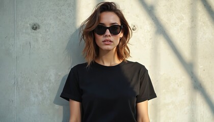 Young woman poses in black t-shirt, cool sunglasses against gray concrete wall. Short brown hair catches bright sunlight. Urban scene with strong shadows shows street fashion style. Looks confident,