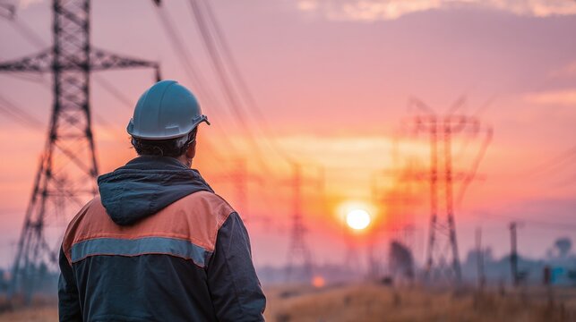 Electrical engineer overseeing the power grid at sunset, ensuring the smooth operation of the electric network. Infrastructure worker facing the high-voltage power lines.