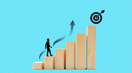 Silhouette walking up wooden steps toward target icon with upward arrow, symbolizing progress, goal achievement, personal growth, and success journey visuals