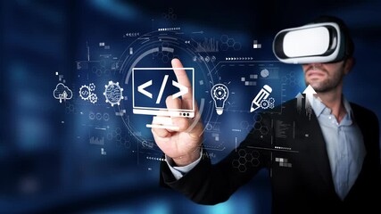 A business professional wearing a virtual reality headset interacts with digital code and innovative designs, showcasing the future of technology and development. Raster - Powered by Adobe