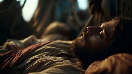 Close-up: Jesus Christ sleeps in boat at dusk, golden light before storm, calm in divine stillness.