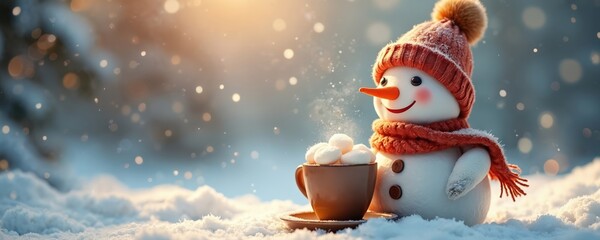 Cute snowman with carrot nose, wearing red hat and scarf, drinks hot cocoa with marshmallows. Snowy winter scene with bokeh lights. Festive and cozy atmosphere, perfect for holiday greetings.