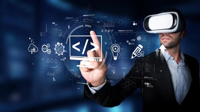 A business professional wearing a virtual reality headset interacts with digital code and innovative designs, showcasing the future of technology and development. Raster