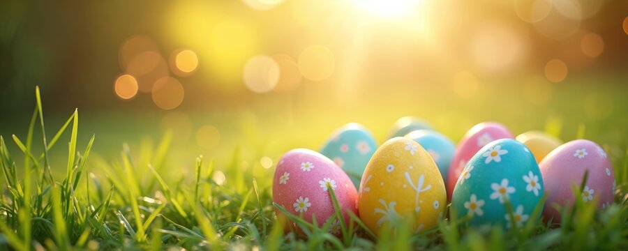 Colorful decorated easter eggs rest on green grass bathed in warm sunlight. Pastel colored eggs with flower patterns are ready for spring egg hunt celebrations.