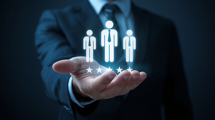 Open hand holding glowing graphic of rated business figures symbolizing employee evaluation, leadership, HR management, and performance review visuals