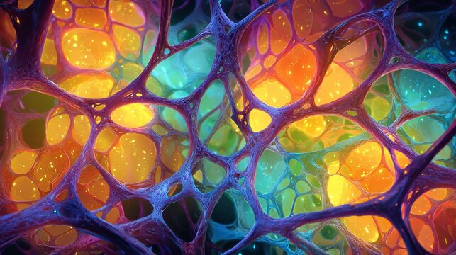 Vibrant, intricate neural network glowing with energy, symbolizing connectivity, complexity, and the spark of innovation in abstract science and technology