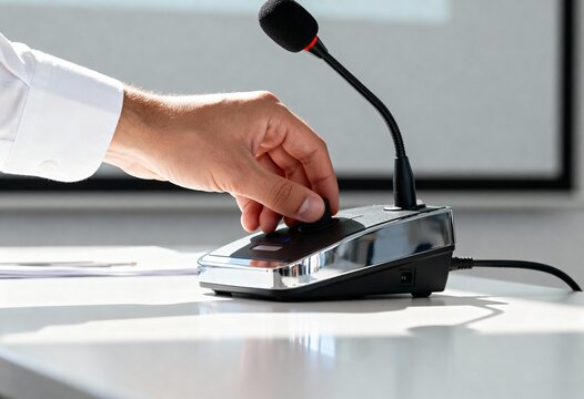 Close-up of a speaker's hand adjusting the volume on a conference microphone. Man preparing for a presentation at a business seminar or press conference. Public speaking equipment concept
