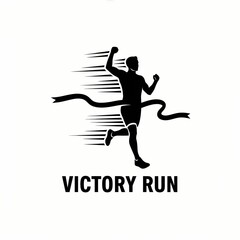 Obraz premium A minimalist black-and-white vector illustration of a runner crossing the finish line, breaking the ribbon in victory. The silhouette style emphasizes achievement, with the text “Victory Run