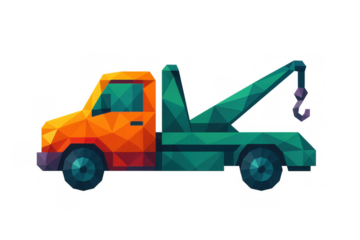 Tow truck polygon art vector illustration, emergency road assistance, breakdown service vehicle with crane and hook, transparent background