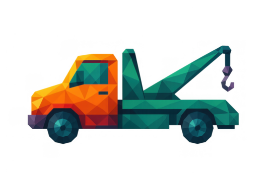 Tow truck polygon art vector illustration, emergency road assistance, breakdown service vehicle with crane and hook, transparent background
