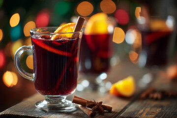 Glass mugs of hot mulled wine with orange slices and cinnamon sticks