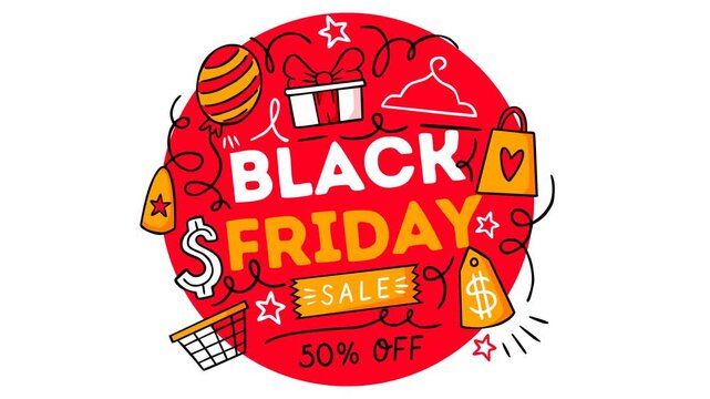 Creative Black Friday sale banner featuring bright red and yellow colors, shopping bags, gift boxes, and discount tags with &ldquo;50% OFF&rdquo; text Perfect footage for online store promotions holiday marketing