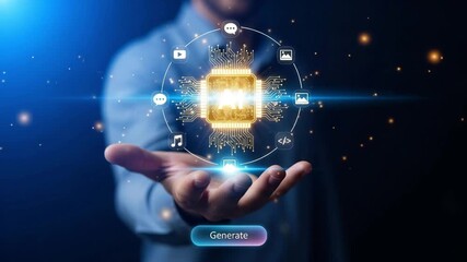 Ai chip in hand with digital icons and generate button lighting motion animated video - Powered by Adobe
