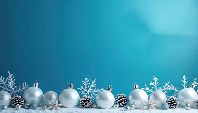 Decorative row of white Christmas ornaments and pine cones sits in snow. Blue background with snowflakes creates a festive winter holiday scene, perfect for seasonal greetings.