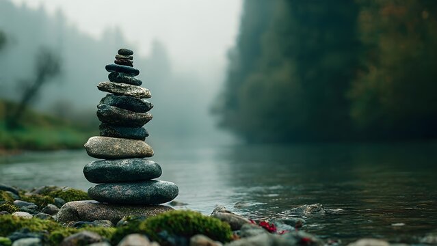 Zen cairn on a tranquil foggy morning by the river
