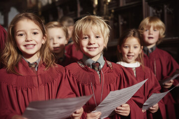 Group of children wearing red choir robes singing together during performance