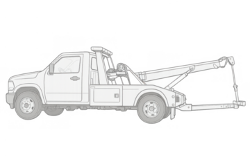 Tow truck line drawing depicting vehicle recovery, breakdown service, and roadside assistance on transparent background