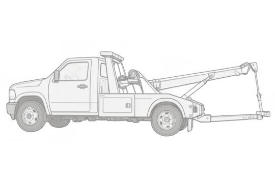 Tow truck line drawing depicting vehicle recovery, breakdown service, and roadside assistance on transparent background