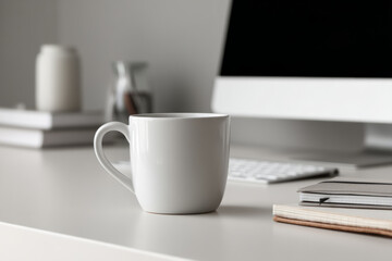 White mug, notebook, and computer on home office desk