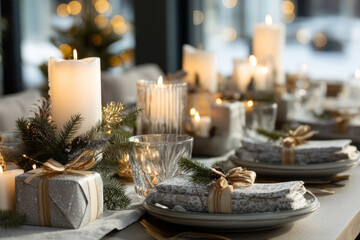 Christmas dining table with candles, pine branches, and wrapped gift boxes