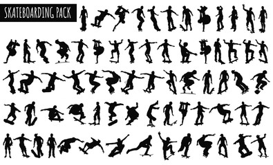 Skateboarding Silhouettes: A dynamic collection of skateboarding silhouettes, each capturing a unique pose and moment of action. Perfect for any design, Skating projects, posters, tshirts or branding.