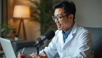 Asian doctor speaks into microphone for podcast recording. He wears glasses and lab coat, uses laptop for notes. Person records audio content from home studio.
