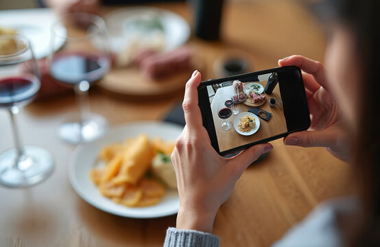 Woman uses smartphone to take pic of wine, charcuterie. Wine glasses, plates with food on table. Girl shares content to media. Lifestyle concept. Food blogger creates visual content at culinary event.