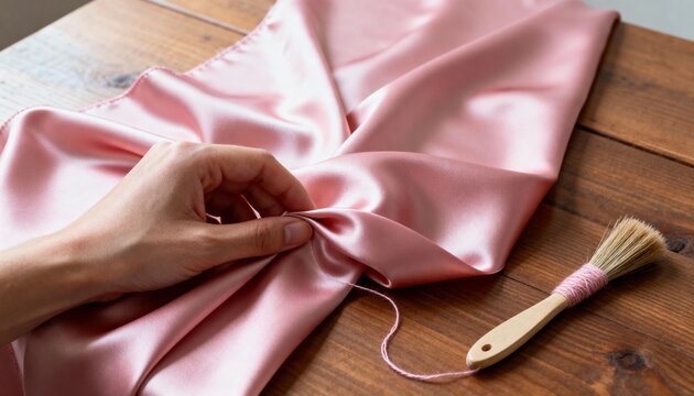 A person's hand sewing lustrous pink satin fabric. Close-up of a handmade crafting project on a wooden table. Hobby and craftsmanship concept