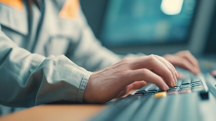 Male adult typing on keyboard in office environment