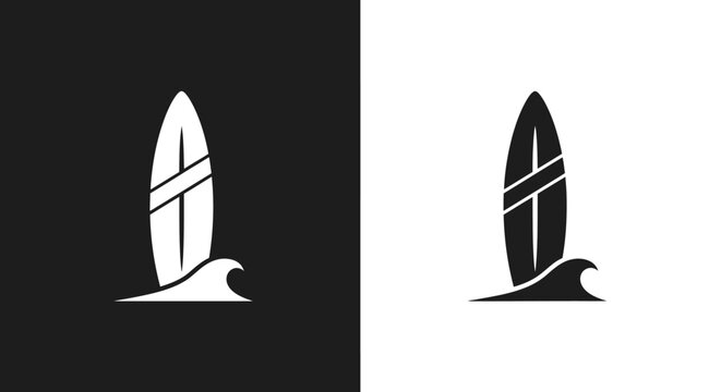 Logo Template Vector with Minimalist Surfboard and Ocean Wave Symbol in Black and White
