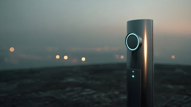 Futuristic Interface Glimmers at Dusk with Blurry City Lights in the Background