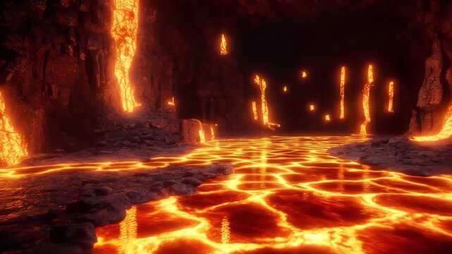 A lava cave with glowing orange cracks in the floor and walls creating a fiery landscape