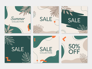 This collection of six stylish posters promotes a summer sale, featuring vibrant colors and modern designs to attract attention and convey excitement in shopping.