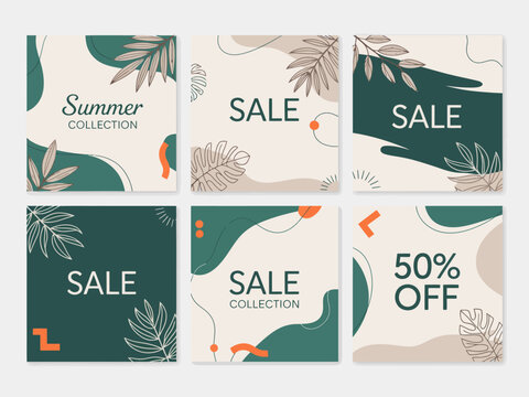 This collection of six stylish posters promotes a summer sale, featuring vibrant colors and modern designs to attract attention and convey excitement in shopping.