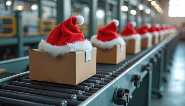Factory conveyor belt carries boxes adorned with Santa hats. Boxes move along assembly line for holiday season packaging and distribution. Christmas gifts prepared for delivery.