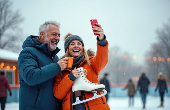 Happy middle aged couple takes selfie at outdoor ice rink winter day. Woman holds skates, man sips hot drink. People enjoy cold season activity and relationship.