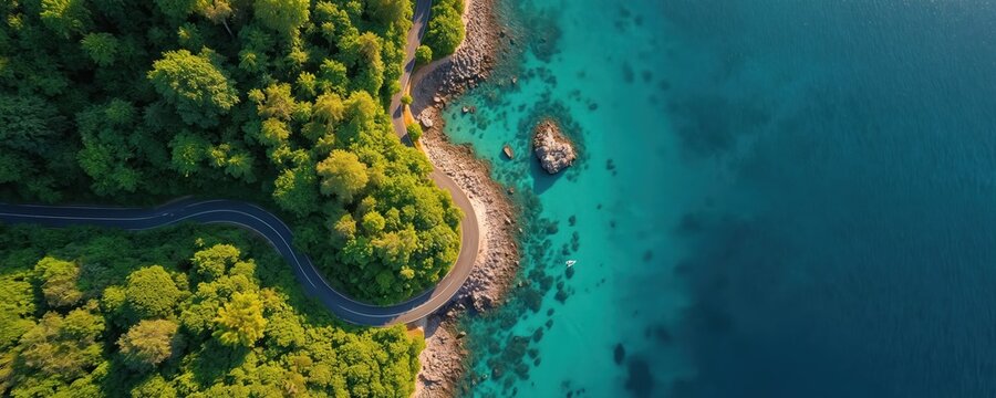 Aerial view shows winding road through rich green forest alongside vibrant turquoise ocean water. Rocky coastline meets clear sea with a small boat sailing. Scenic coastal highway journey.
