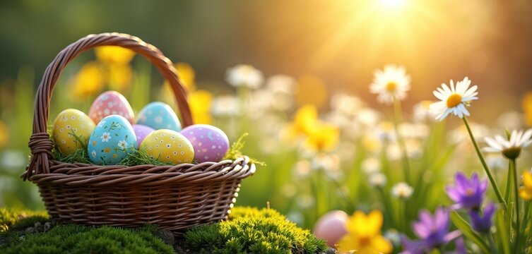 Easter eggs in wicker basket sit in grass amid spring flowers. Sun shines bright on colorful decorated eggs in garden. Joyful holiday celebration outdoors.