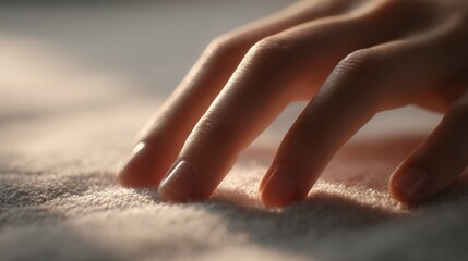 Close-up of hand touching soft fabric surface in gentle light