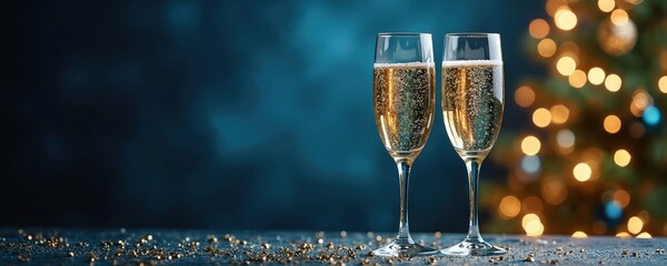 Two champagne glasses stand on dark blue background. Gold glitter scatters on table. Blurred Christmas tree with warm lights behind. Scene represents festive celebration, New Year, Christmas holidays