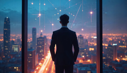 Businessman looks out office window at city night view. Man in suit stands before large window with cityscape and abstract polygon connections. He gazes at urban landscape with speed line lights.