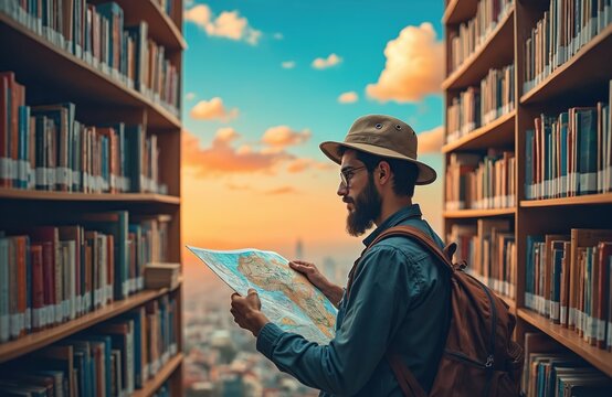 Young man with hat and backpack studies map in library shelves. He searches for directions, planning an outdoor journey or urban exploration, seeking knowledge from books and navigation tools.