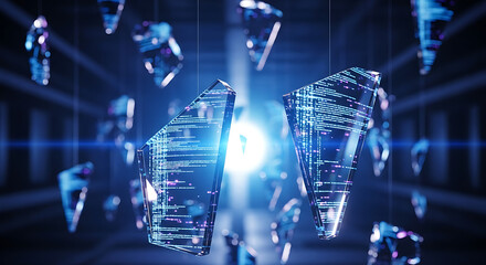 Abstract digital data shards suspended in a glowing, futuristic environment, representing information technology and data analysis