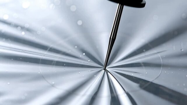 Extreme macro close-up of a sharp metal medical needle piercing a taut smooth silver-grey silicone surface, creating immediate ripples and stress marks