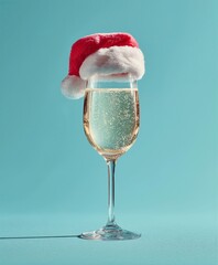 Festive champagne glass topped with a cute Santa hat against a bright aqua background. Fun, modern Christmas celebration concept with sparkling holiday cheer and playful seasonal spirit.