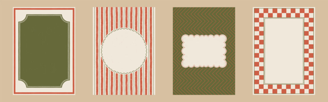 Set of 4 decorative hand-drawn holiday retro frames and borders in a whimsical sketch style for Christmas cards, invitations, and festive projects, vector illustration.