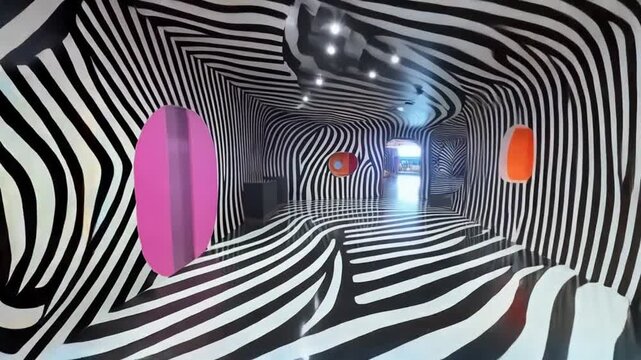 Interior space with zebra stripe pattern and colorful portals creating optical illusion effect