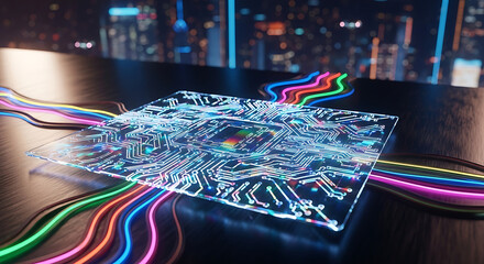 Dynamic digital circuit board processing intricate data streams with vibrant light paths, symbolizing advanced computing and futuristic technology within a connected urban landscape