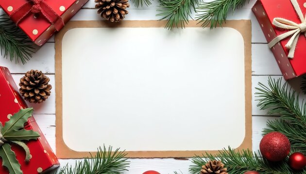 Blank paper card with vintage border on white wood background. Festive Christmas decor surrounds red gifts, green pine branches, pine cones, red glitter ornaments. Perfect for holiday greetings,