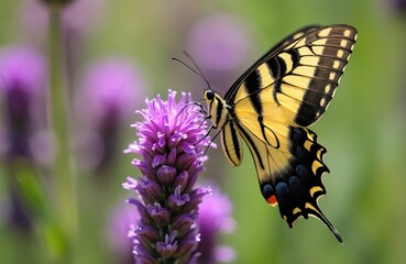 Obraz premium Eastern tiger swallowtail butterfly on purple flower in garden. Yellow insect with black stripes rests on bloom drinking nectar. Nature scene in sunlight with green blurred background.